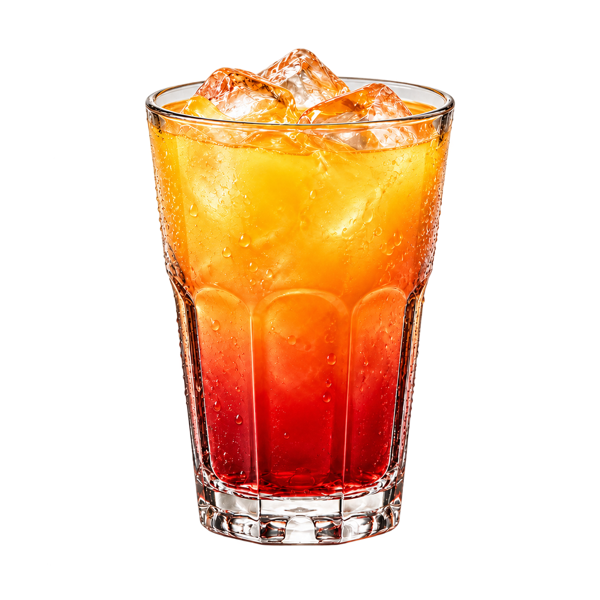 Tequila Sunrise med is i et klart glas